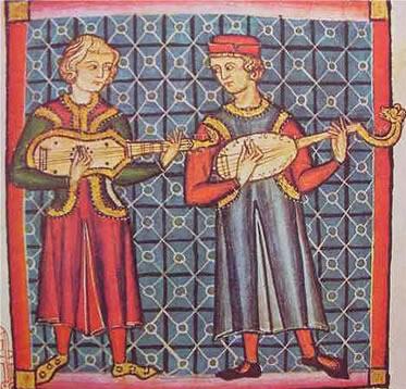 Imagem representando a guitarra latina (descendente da khetara grega) e a guitarra mourisca (evolução do alaúde árabe), instrumentos que podem ter dado origem ao violão.