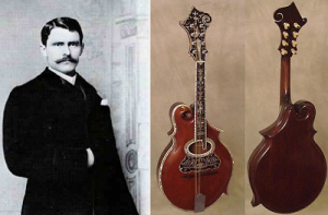 À esquerda, Orville Gibson, criador da empresa fabricante de instrumentos que carrega seu sobrenome. À direita, a primeira adaptação do violão (guitarra acústica) com boca oval e corpo semelhante ao violoncelo, em dimensões pouco menores que o violão.