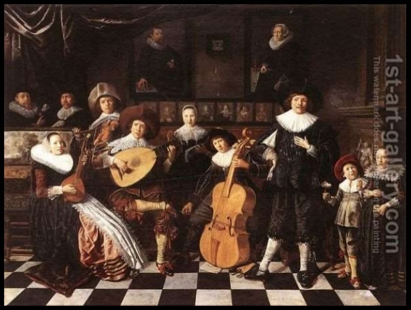 Imagem de uma pintura (autor desconhecido) contendo instrumentistas tocando seus instrumentos