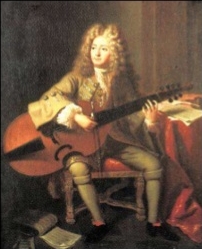 Imagem de uma pintura com o músico e sua Viola da Gamba (instrumento muito popular na Itália)