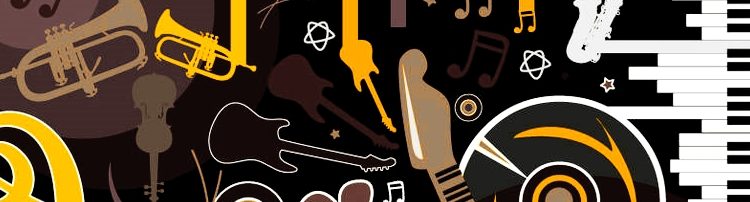 Imagem decorativa contendo instrumentos e símbolos musicais