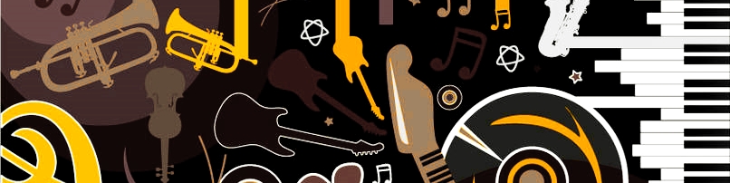 Imagem decorativa contendo instrumentos e símbolos musicais.