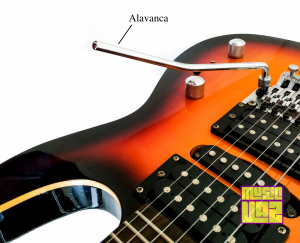 Imagem mostrando o corpo de uma guitarra pronta, com um indicador para a alavanca